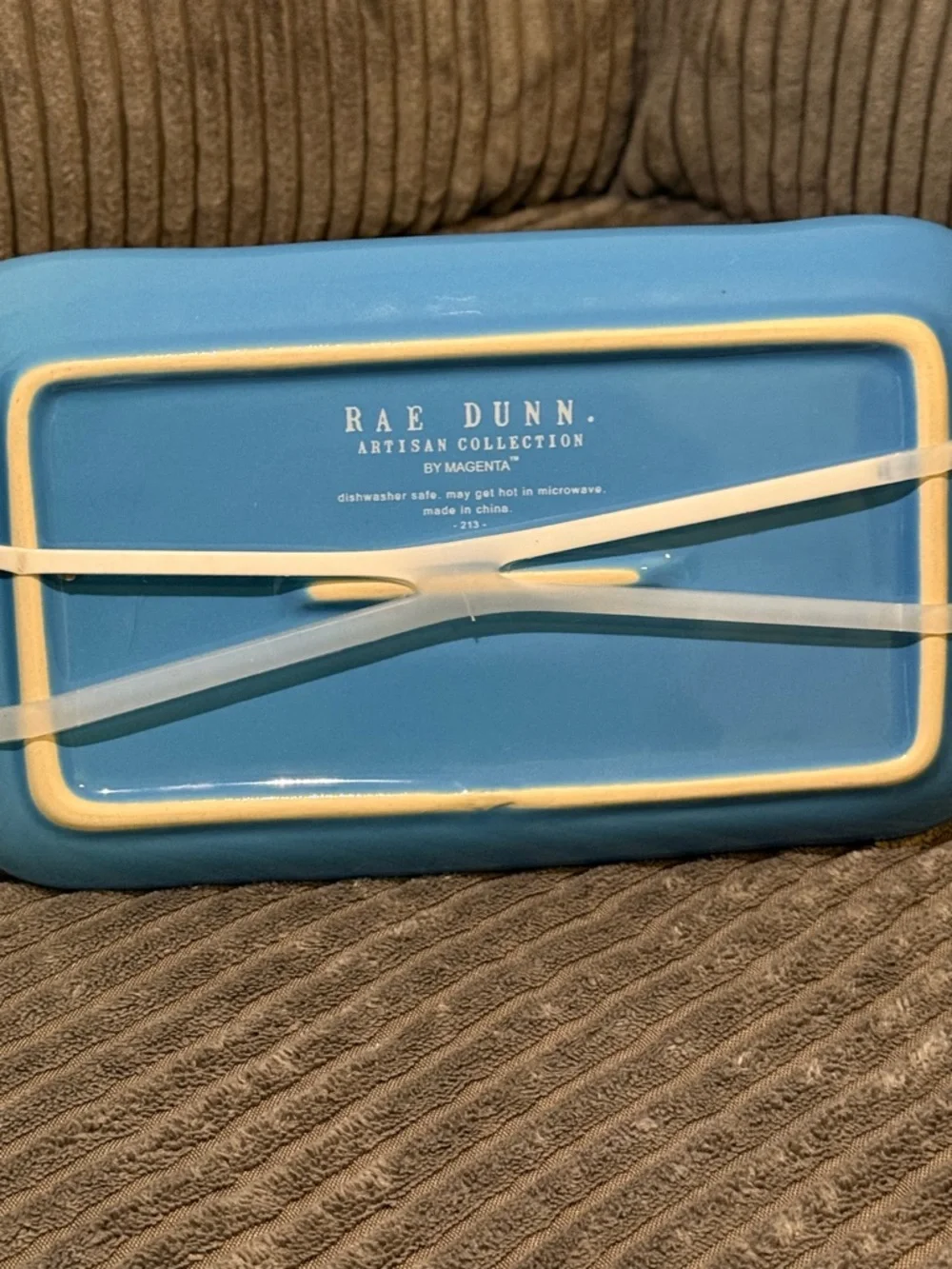 Rae Dunn Ceramic Butter Dish in White and Light Blue